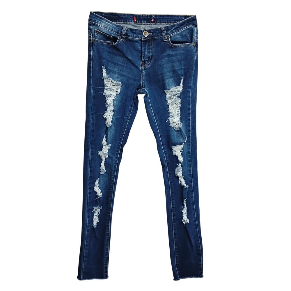 GOGO Jeans Co. Skinny Distressed Jeans Size 7 Junior Dark Blue 5 Pockets - Picture 6 of 12